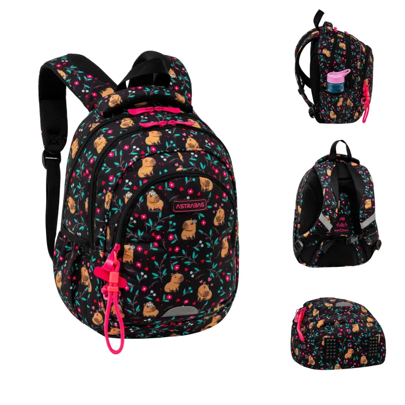 Plecak Dziewczęcy 3-komorowy Czarny AB330 FLOWER CAPY Astrabag